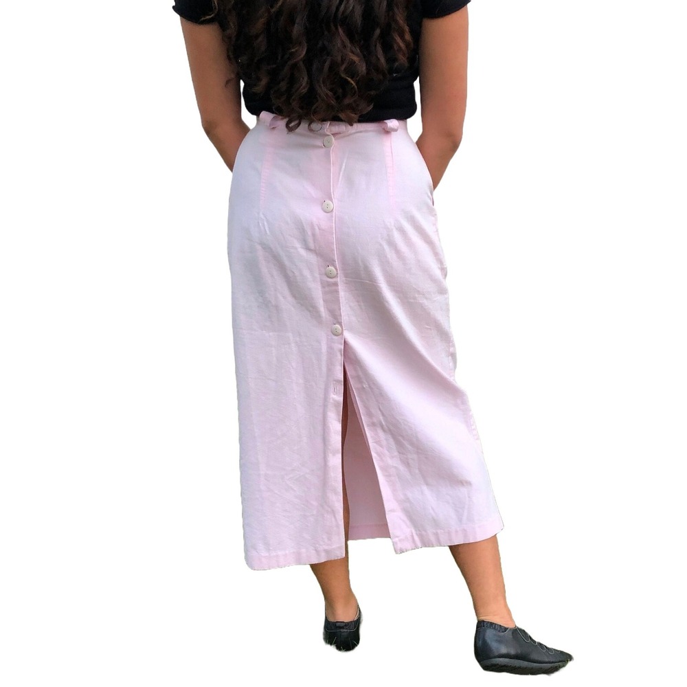 Vintage A. Byer Light Pink High Waisted Canvas Midi Skirt Slit Pockets Buttons